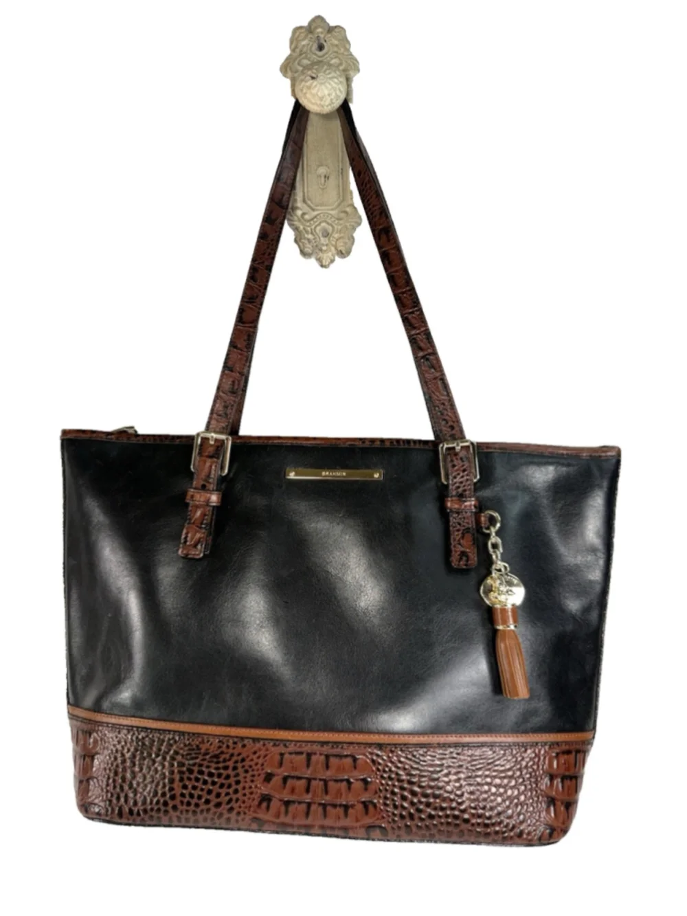 BRAHMIN Croc Embossed Leather Handbag Tote Purse Charms Black Brown